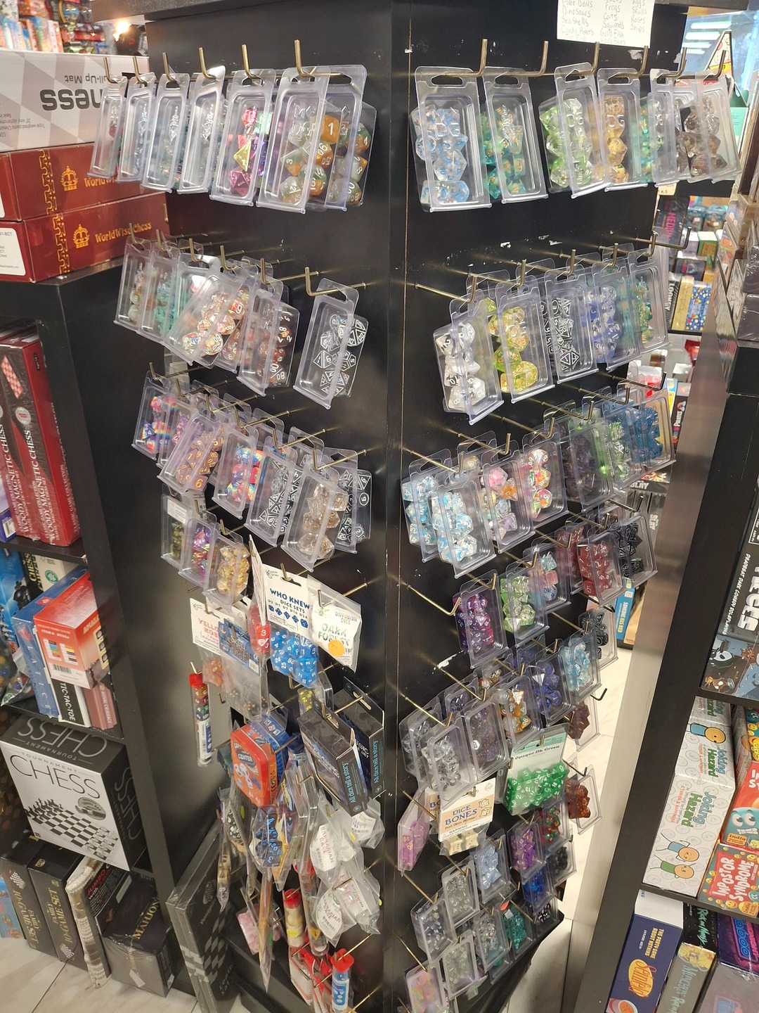 Hanging dice packs at Gamers Link